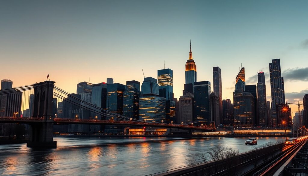 A dynamic dusk photograph of a classic American city skyline with skyscrapers and light trails.
