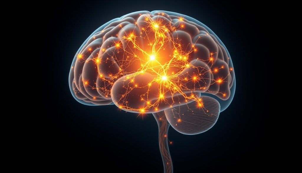 A glowing human brain with new, vibrant neural pathways forming and connecting, symbolizing the brain's healing and rewiring in recovery.
