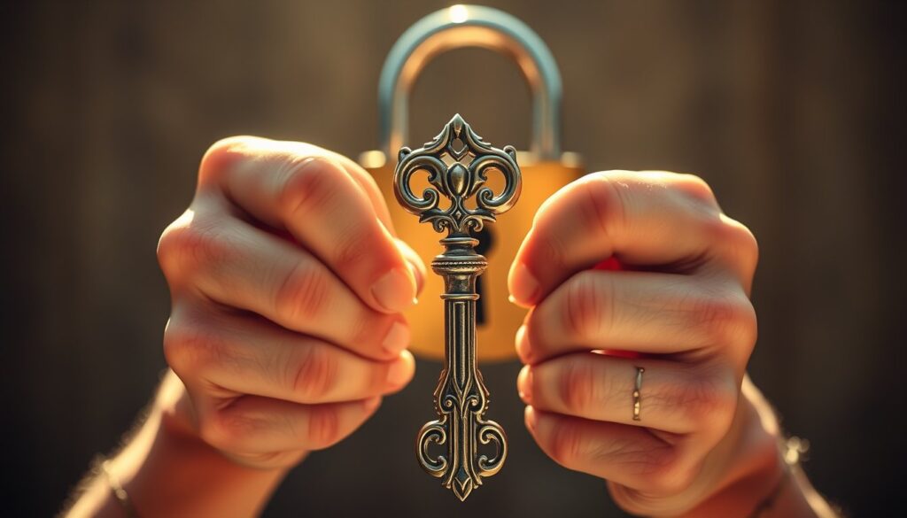A person's hands holding a shining key with a broken lock nearby, representing the power to unlock one's own freedom from addiction.